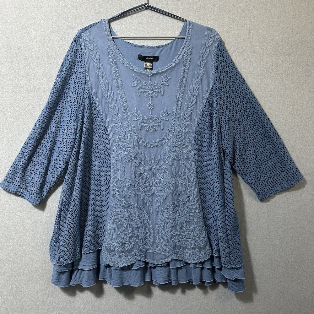 Ali Miles Mesh Lace Tunic Women's 3X Blue Layered Mixed Media Stretch Artsy